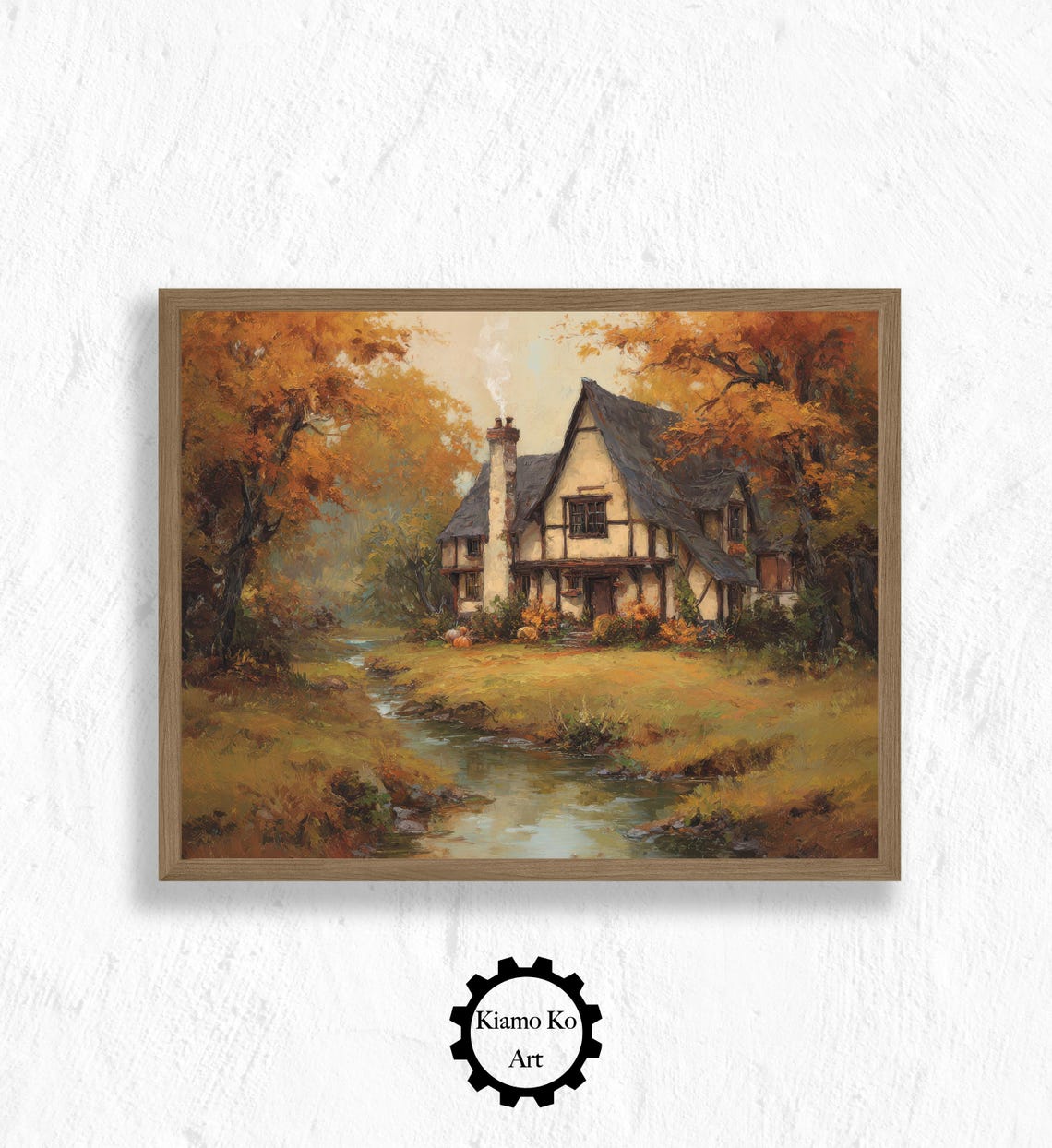 Tudor Cottage by a Stream in Autumn with Golden Foliage Poster