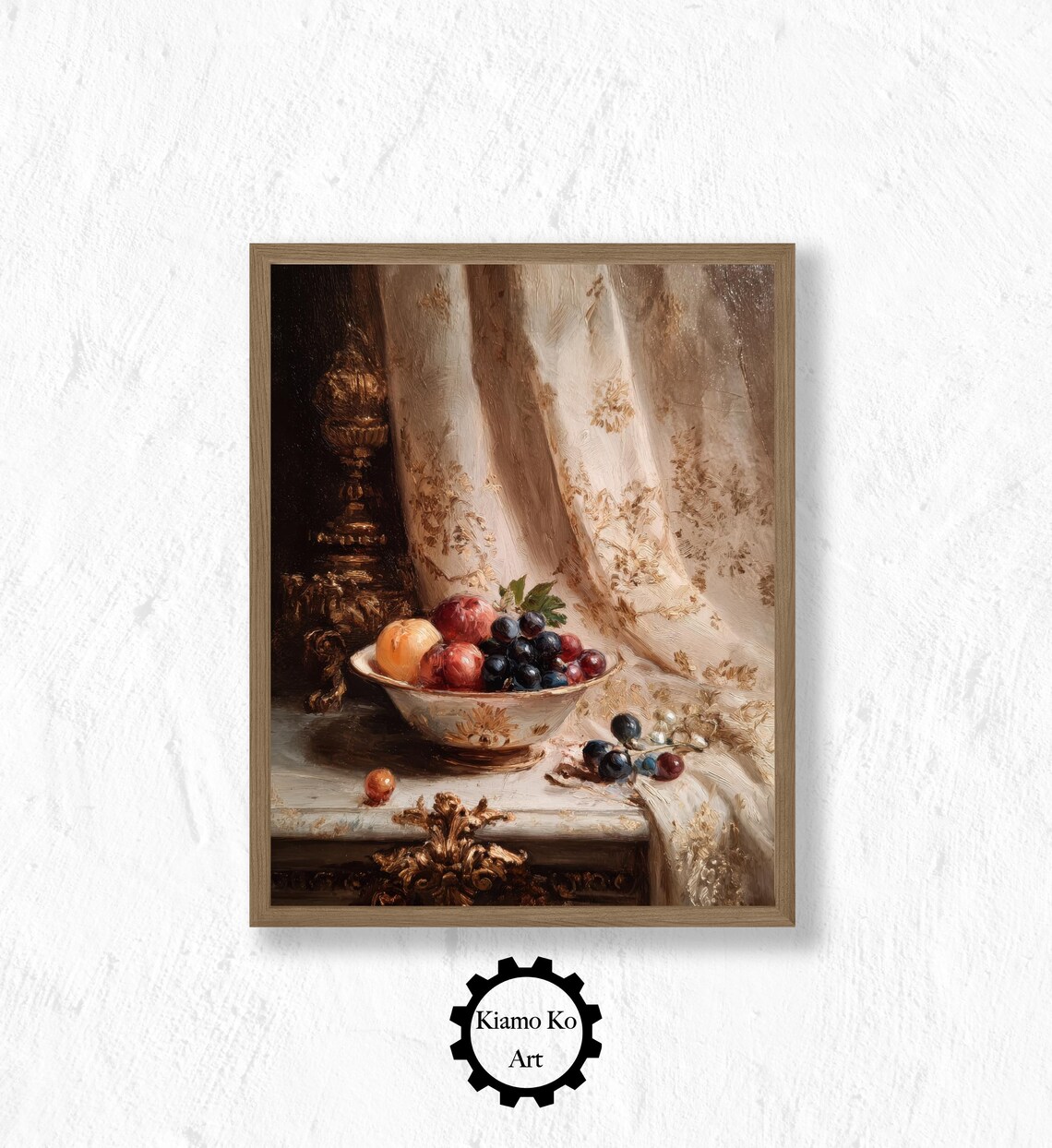Antique Bowl of Grapes and Peaches Still Life With Lace Curtain Poster