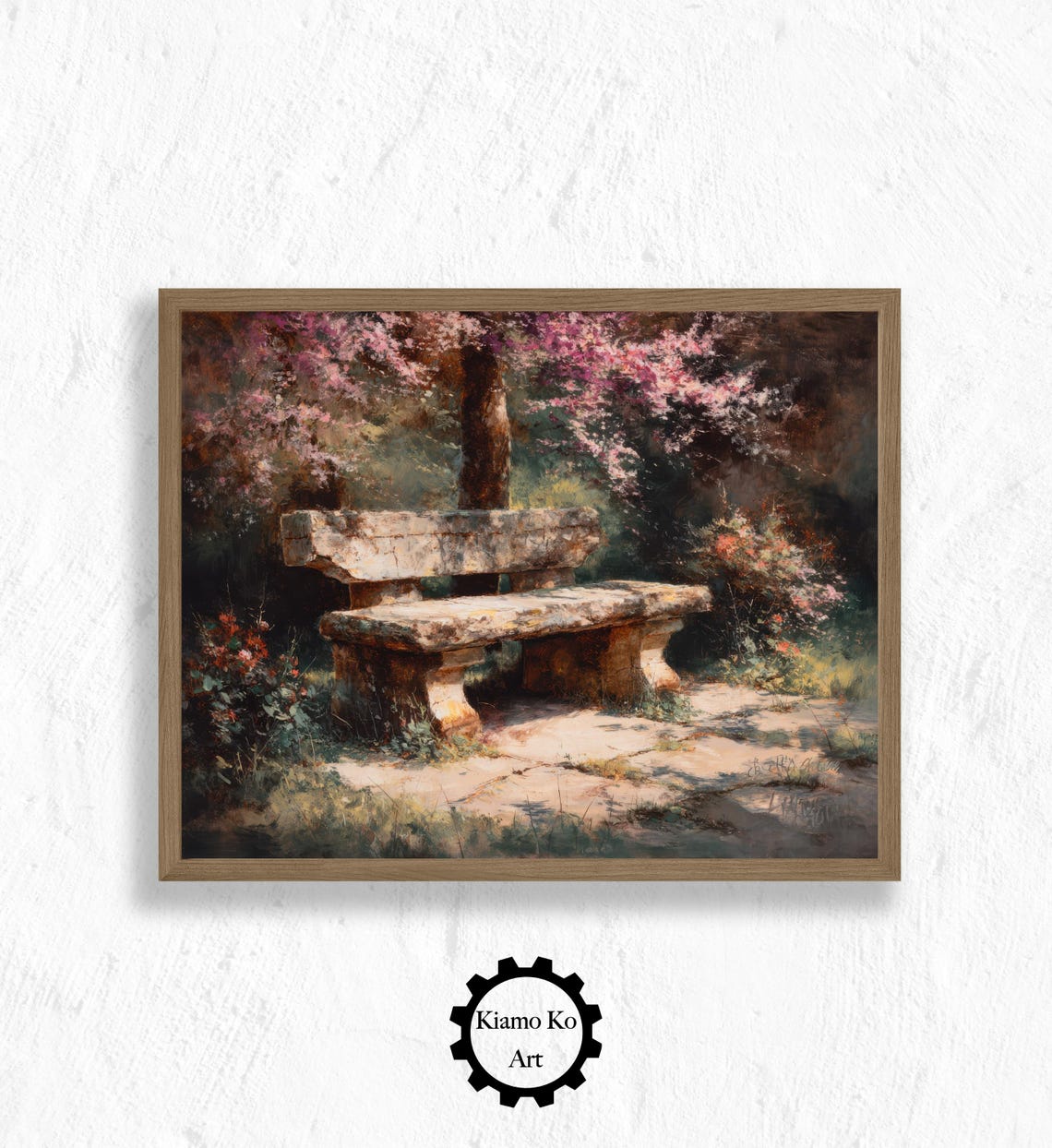 Stone Garden Bench beneath a Flowering Tree Vintage Garden Art Poster