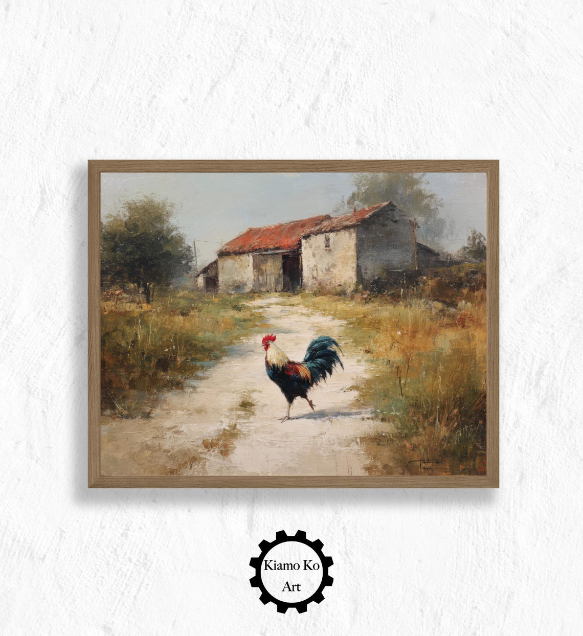 Proud Rooster Strutting Down a Dirt Path by a Stone Farmhouse Poster