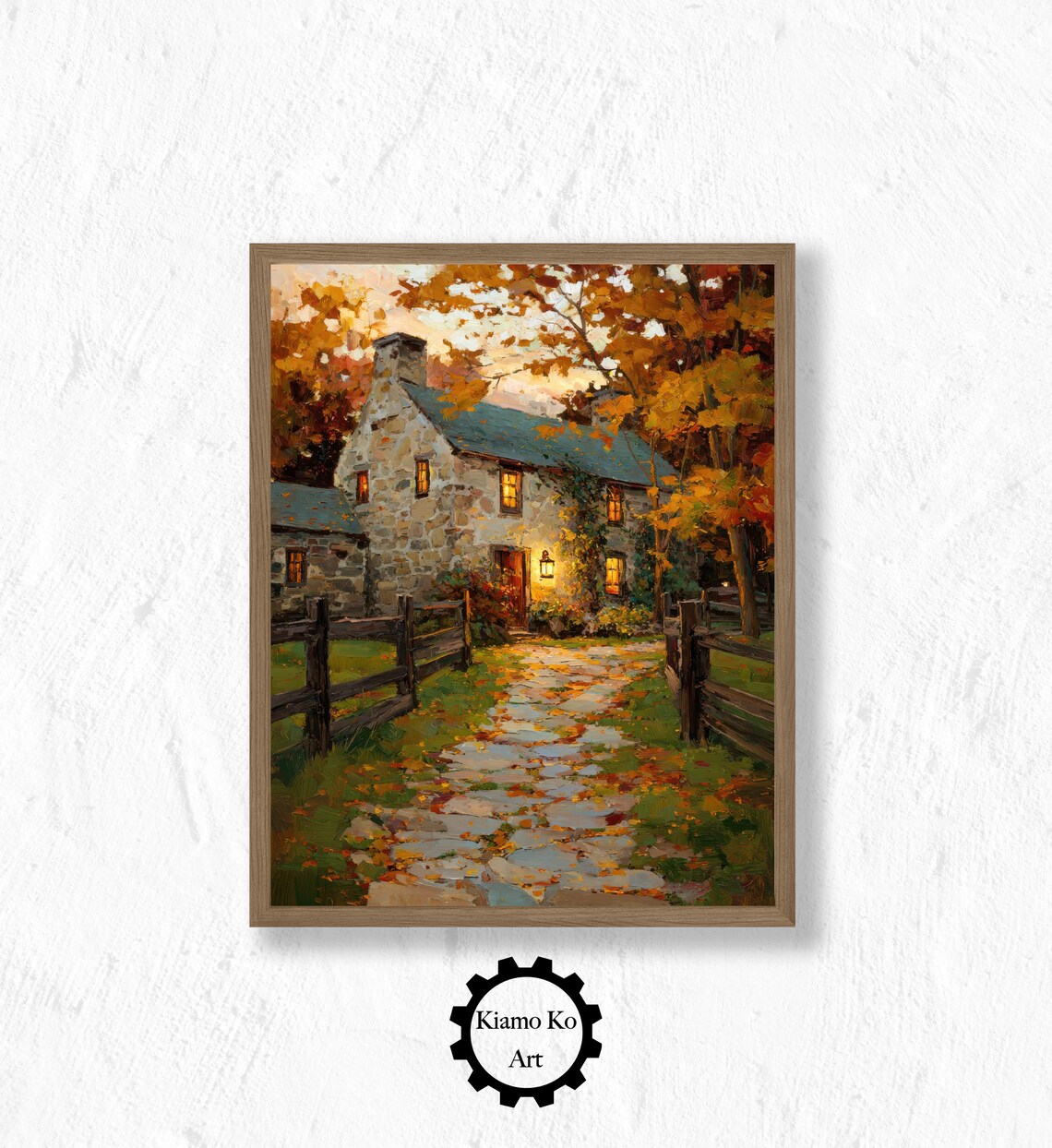 Autumn Charm Stone House Art Print, Rustic Fall Decor