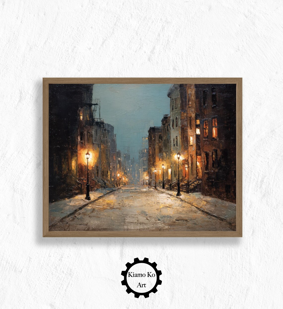 Rainy City Street At Night Lamp Glow Vintage Urban Art Poster