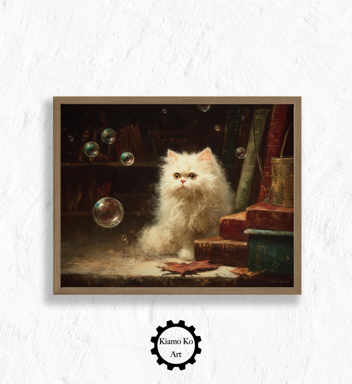 White Persian Cat Playing Among Books and Floating Soap Bubbles Poster