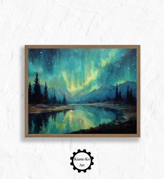 Enchanting Aurora Serene Lake Art Print Nature Decor Gift Cozy Home Wall Rustic Landscape For Tranquil Spaces
