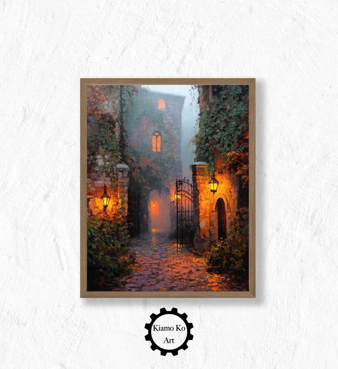 Medieval Stone Gate With Glowing Lanterns On A Misty Night Poster