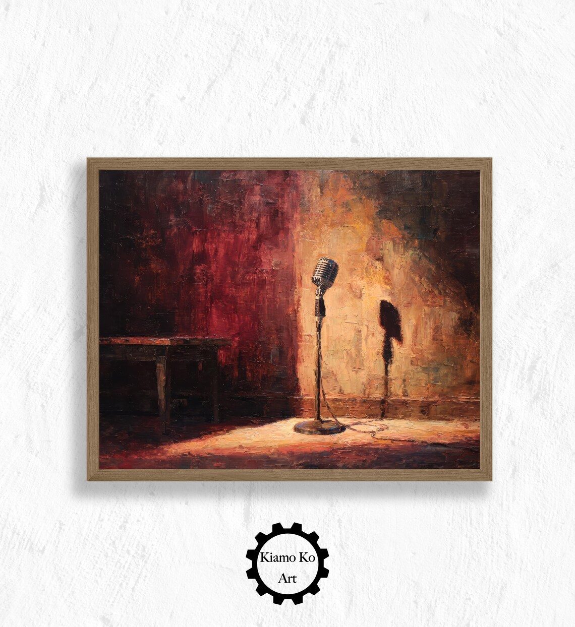 Vintage Microphone in Spotlight on Stage Moody Red Music Wall Art