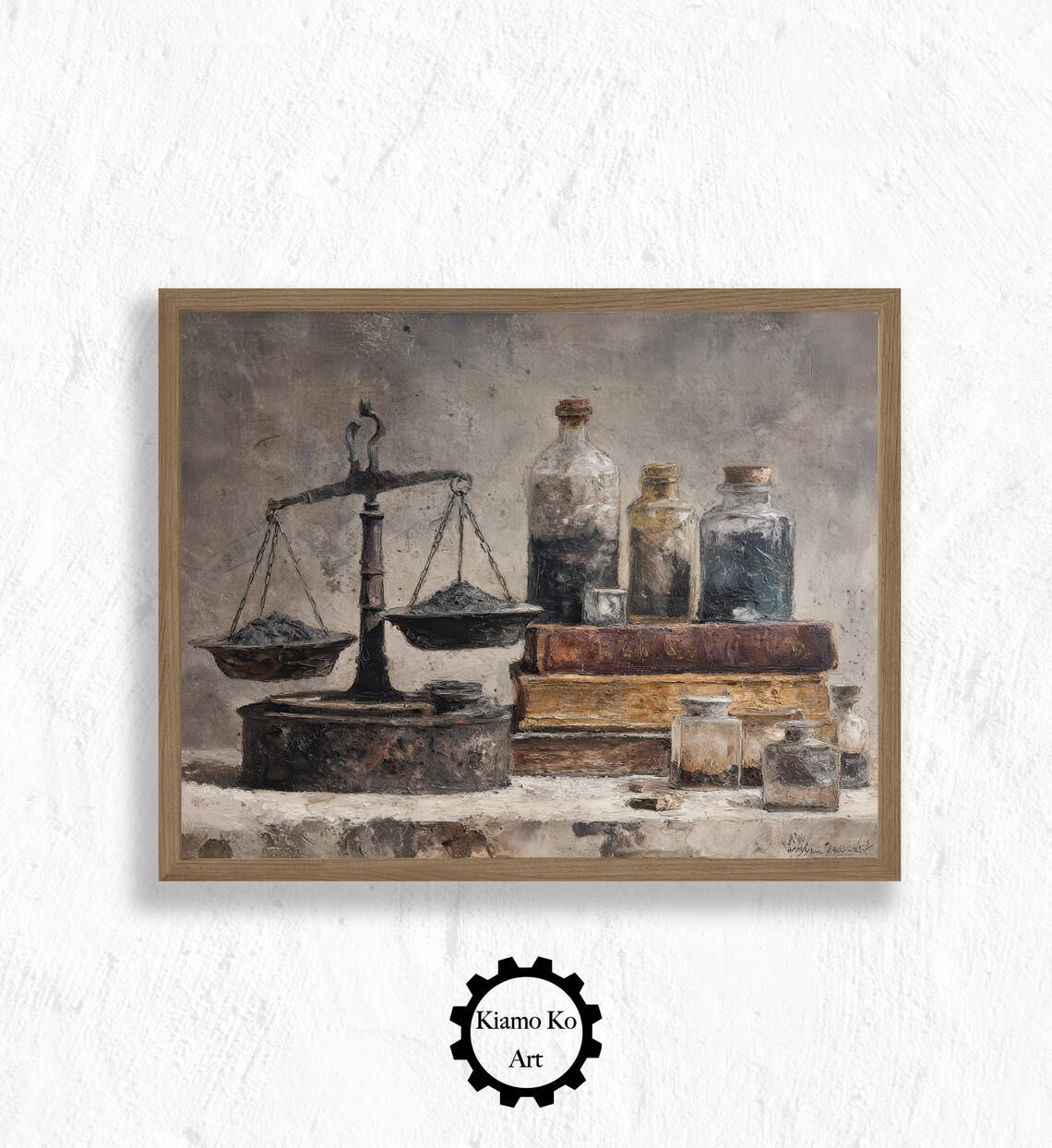 Antique Liquor Bottles and Brass Balance Scale Dark Still Life Poster