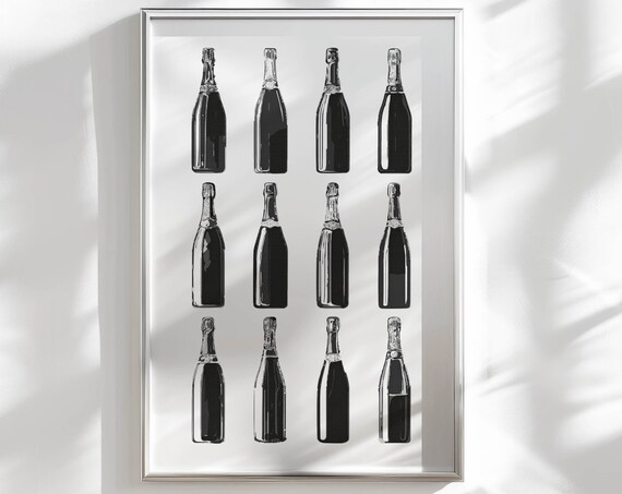Black And White Twelve Champagne Bottle Grid Bar Cart Poster