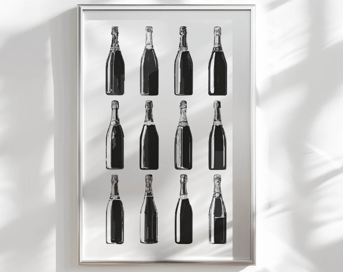 Black And White Twelve Champagne Bottle Grid Bar Cart Poster