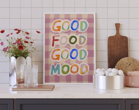 Good Food Good Mood Colorful Gingham Kitchen Quote Art Print