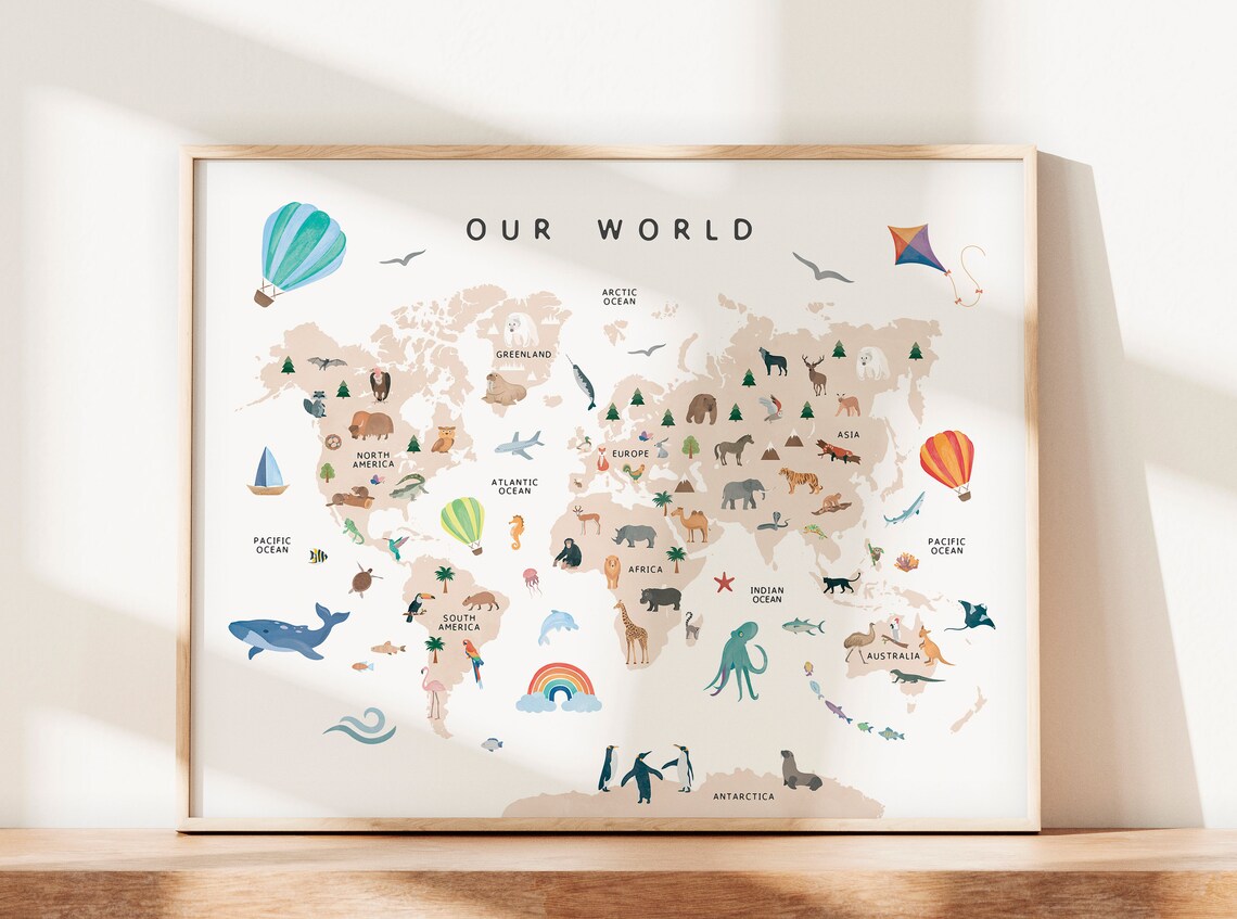 Animal World Map Nursery Map Safari Animals Poster - Image 2