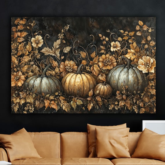 Gothic Halloween Canvas Wall Art Silver And Gold Pumpkins Decor Elegant Autumn Floral Painting Print Fall Leaves Poster Gift Ready To Hang