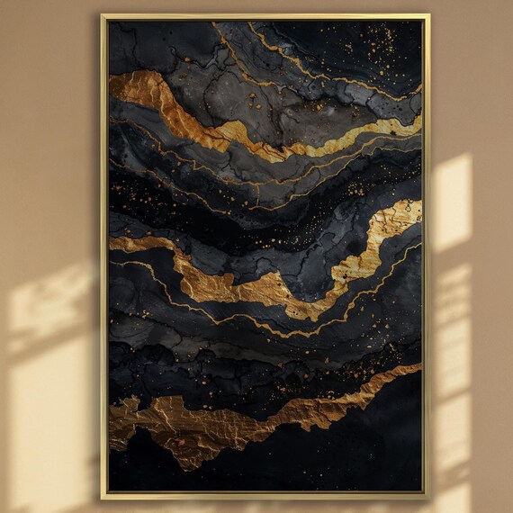 Sophisticated Abstract Wall Art Luxury Black And Gold Painting Print Golden Veins And Charcoal Poster Modern Decor Ready To Hang