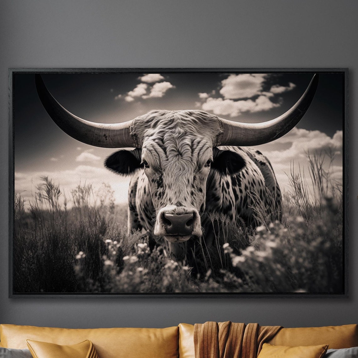 Black And White Texas Longhorn On Prairie Wildlife Photo Poster