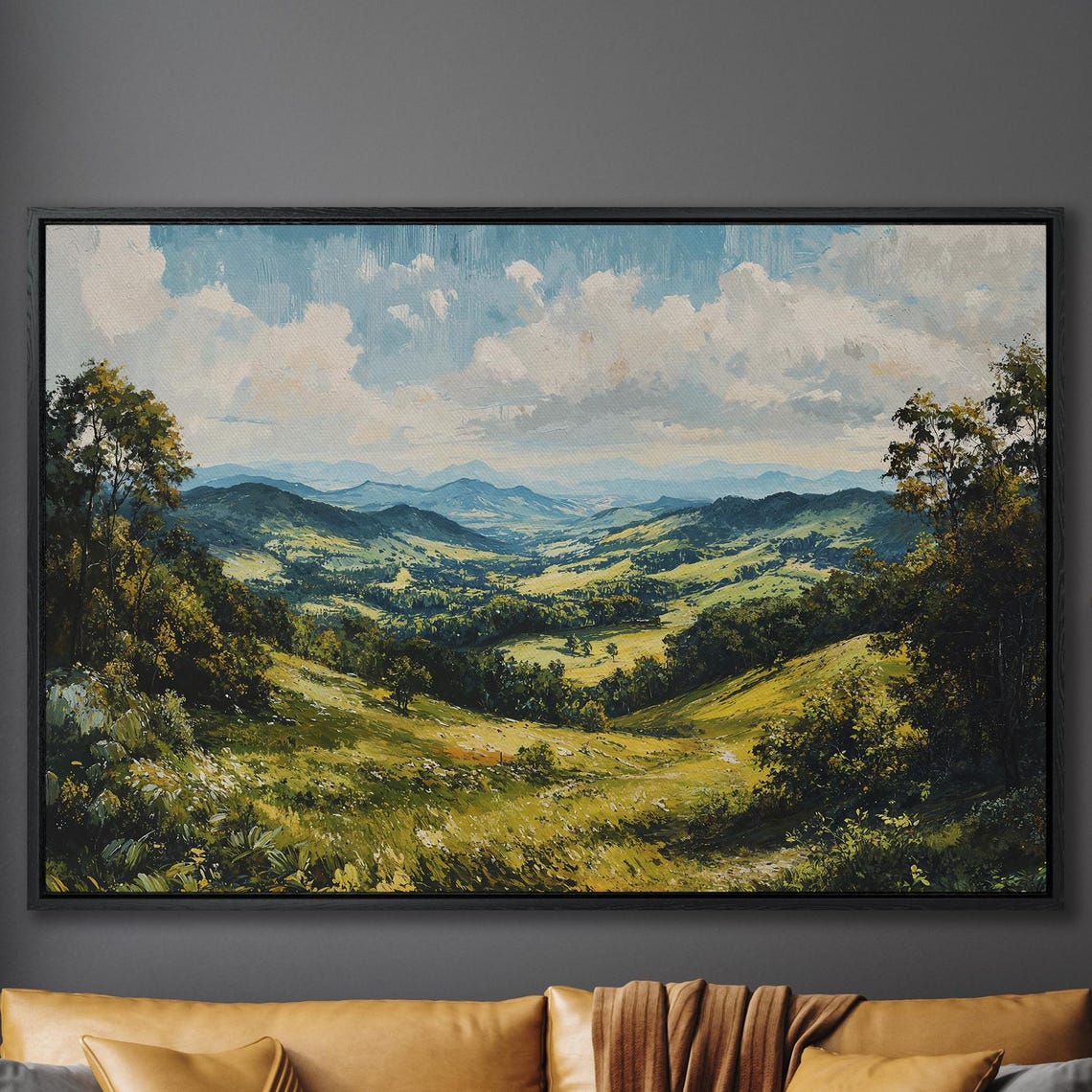 Green Valley Panorama With Layered Blue Mountain Ridges Poster