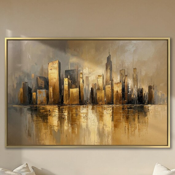 Abstract Cityscape Wall Art City Skyline Reflection Painting Print Luxury Wall Decor Skyscraper Poster Urban Artwork Ready To Hang