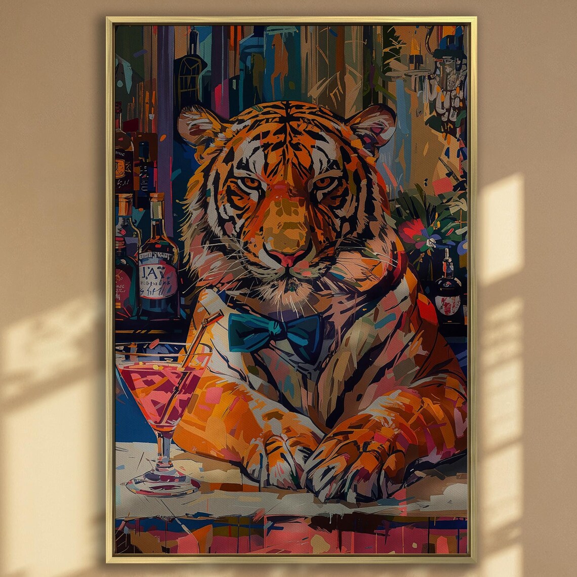 Colorful Abstract Tiger With Drink, Surreal Bar Print