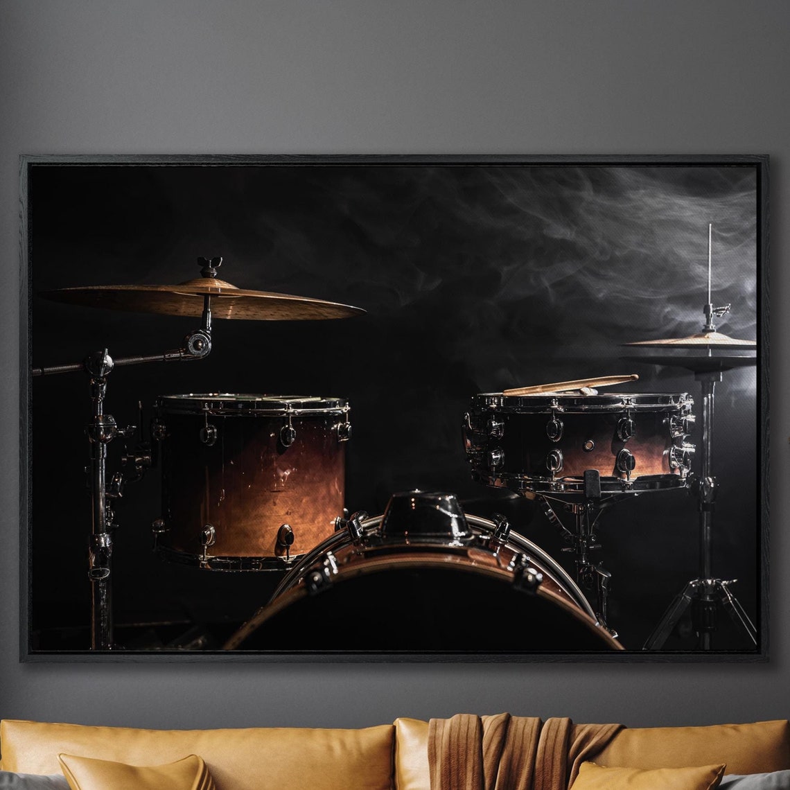 Drum Kit on Dark Stage Close-Up Percussion Instrument Photo Poster
