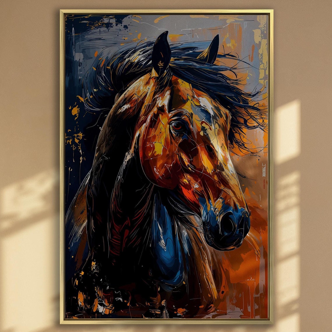 Wild Horse Head Abstract Bold Blue Orange Equine Painting Poster
