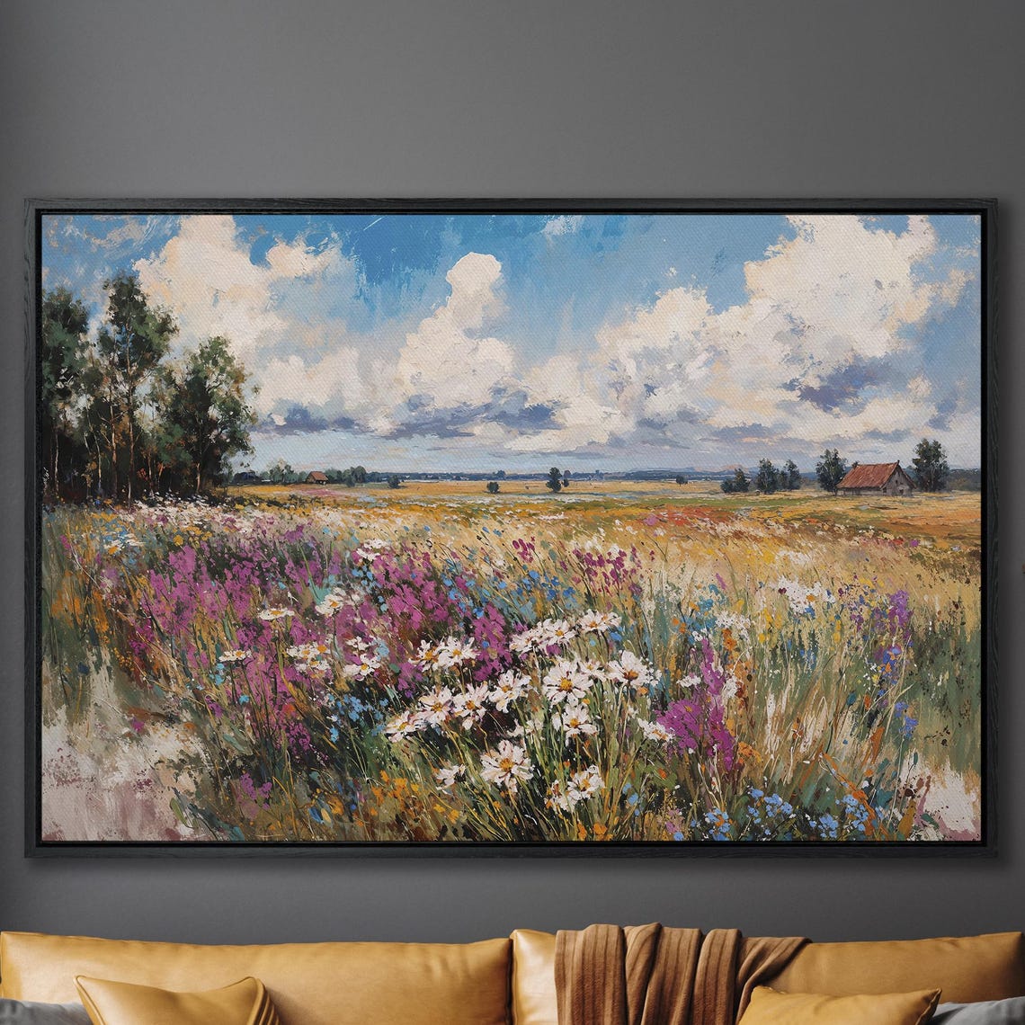 Summer Wildflower Meadow With Red Barn Under Blue Sky Poster