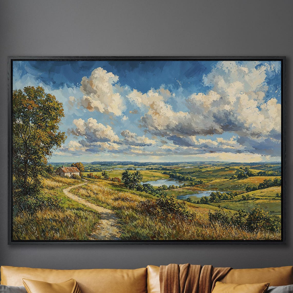 Hillside Cottage Path Overlooking Valley Lake Landscape Poster