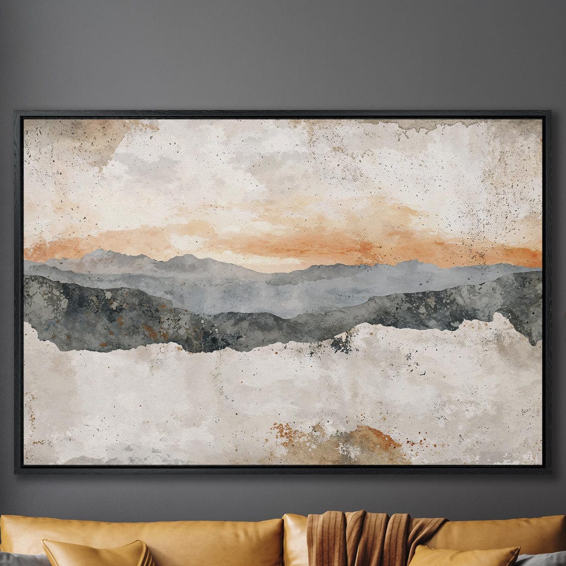 Layered Watercolor Mountain Ranges In Orange Sunset Haze Poster
