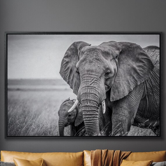 Mother Elephant And Calf Black And White Safari Photo Wall Art
