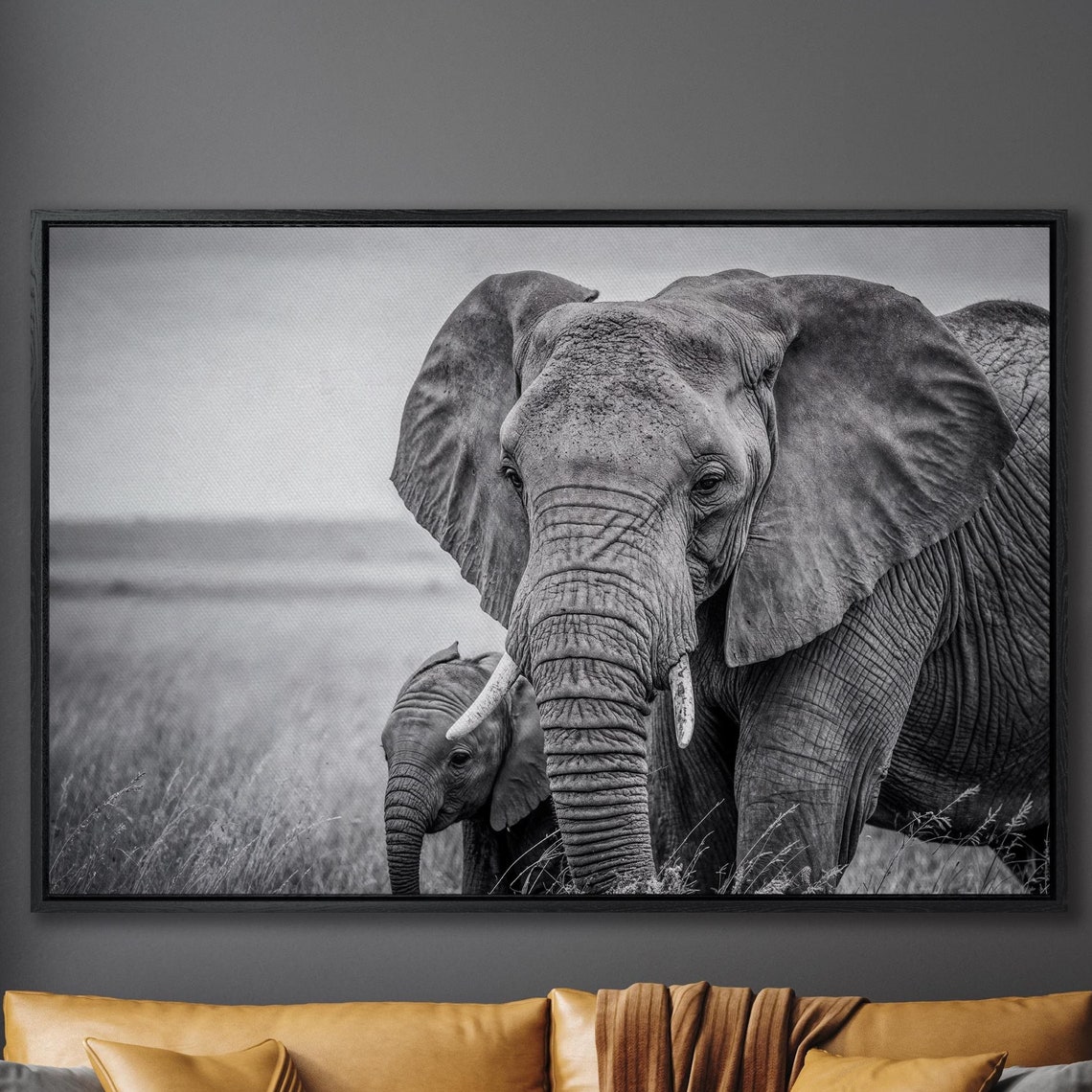 Mother Elephant And Calf Black And White Safari Photo Wall Art