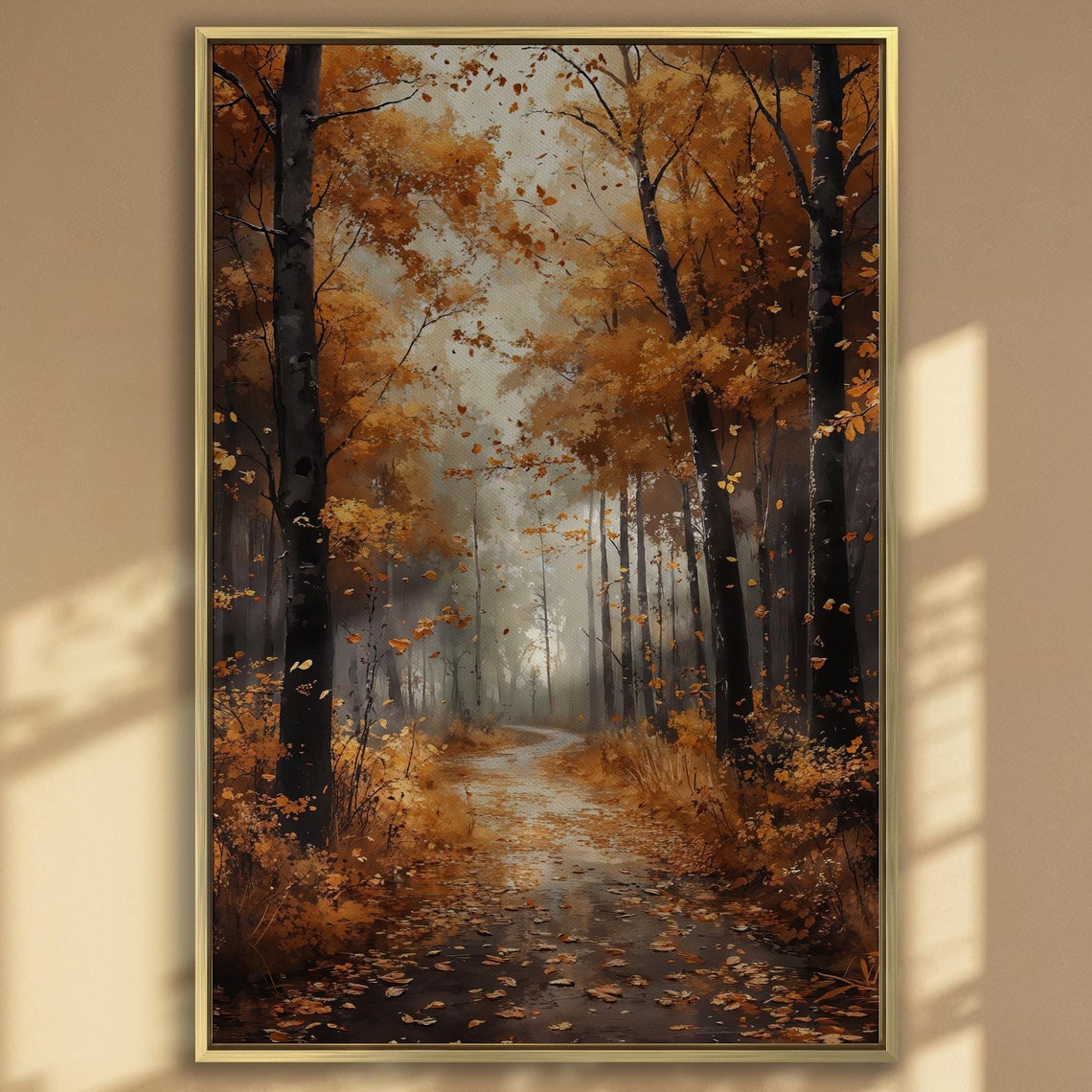 Autumn Forest Pathway Covered In Vibrant Orange Fall Leaves Poster