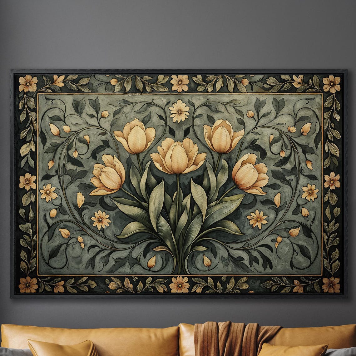 Golden Tulips On Sage Tapestry Style Vintage Botanical Poster