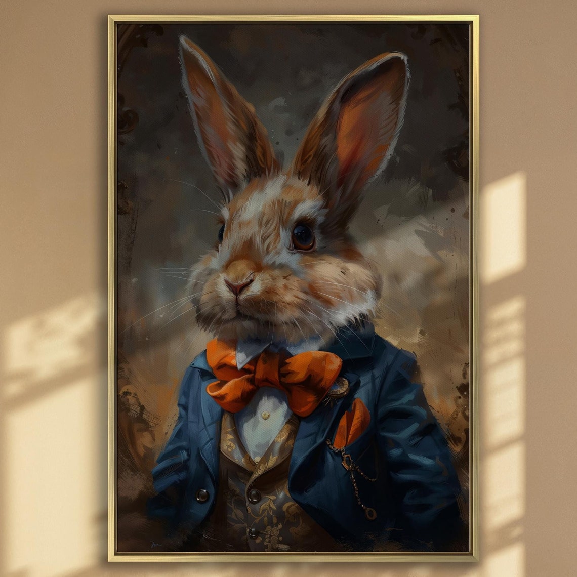 Dapper Rabbit In Blue Suit And Orange Bowtie Elegant Portrait Poster