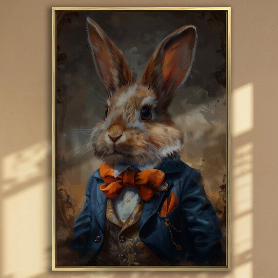 Dapper Rabbit In Blue Suit And Orange Bowtie Elegant Portrait Poster