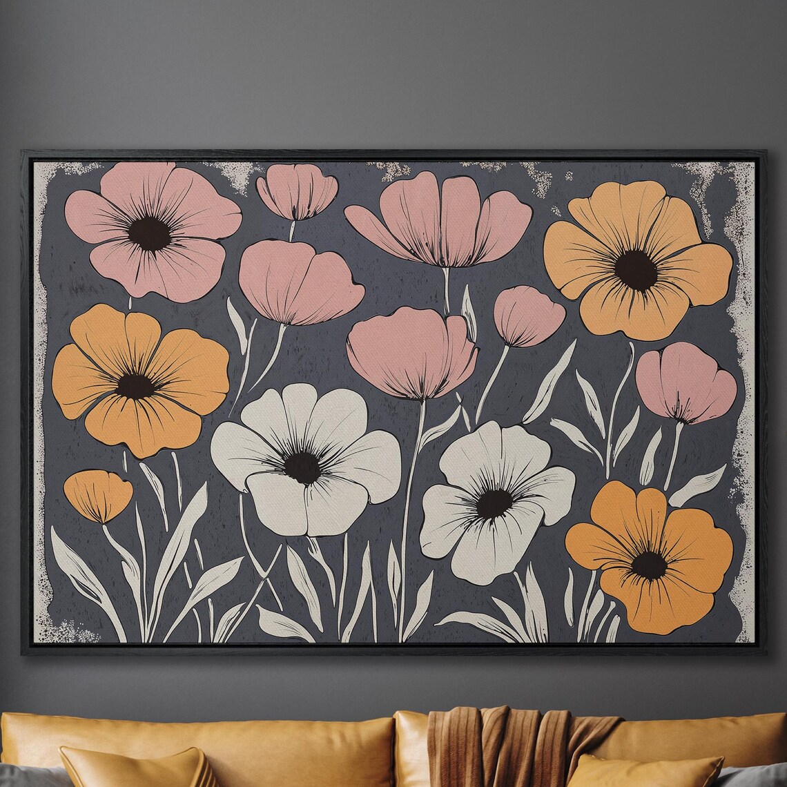 Vintage Style Poppy Flowers in Peach and Orange on Charcoal Poster