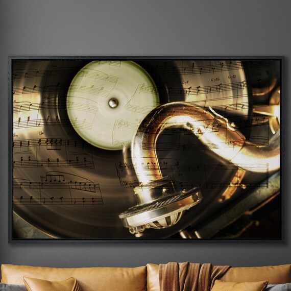 Vintage Gramophone with Sheet Music Collage Retro Music Poster