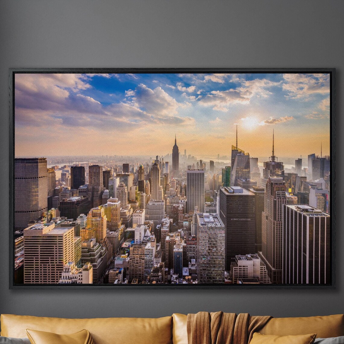 New York City Manhattan Skyline Golden Sunset Panoramic Large Wall Art