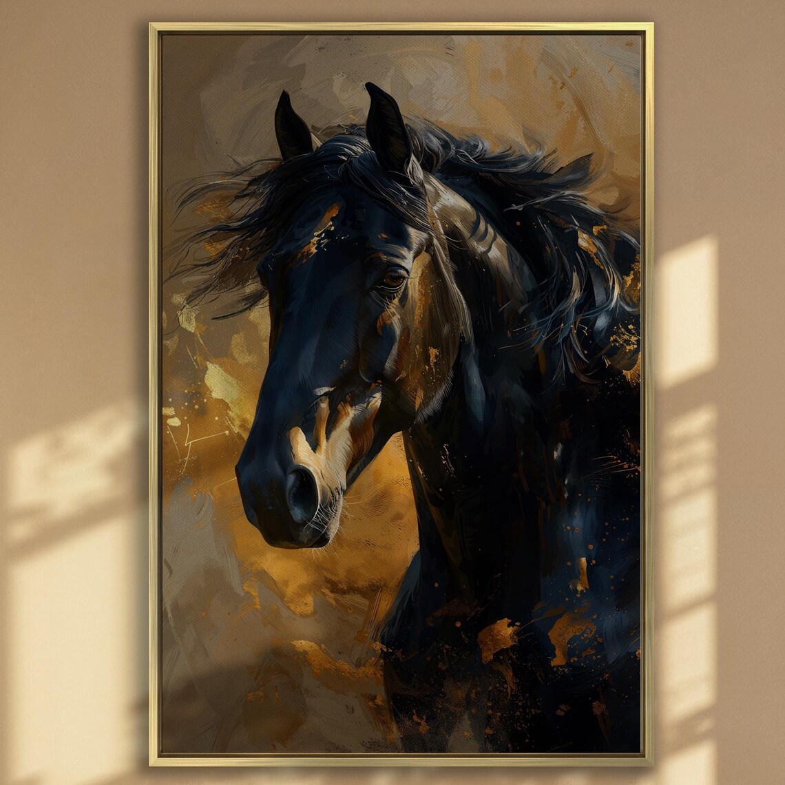 Black Horse Portrait Golden Abstract Background Equestrian Wall Art