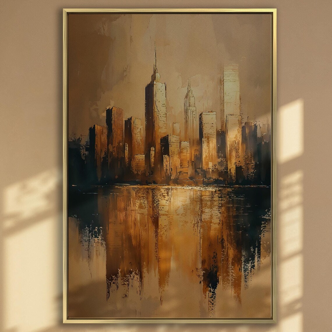 Golden City Skyline Reflection in Water Abstract Urban Art Poster