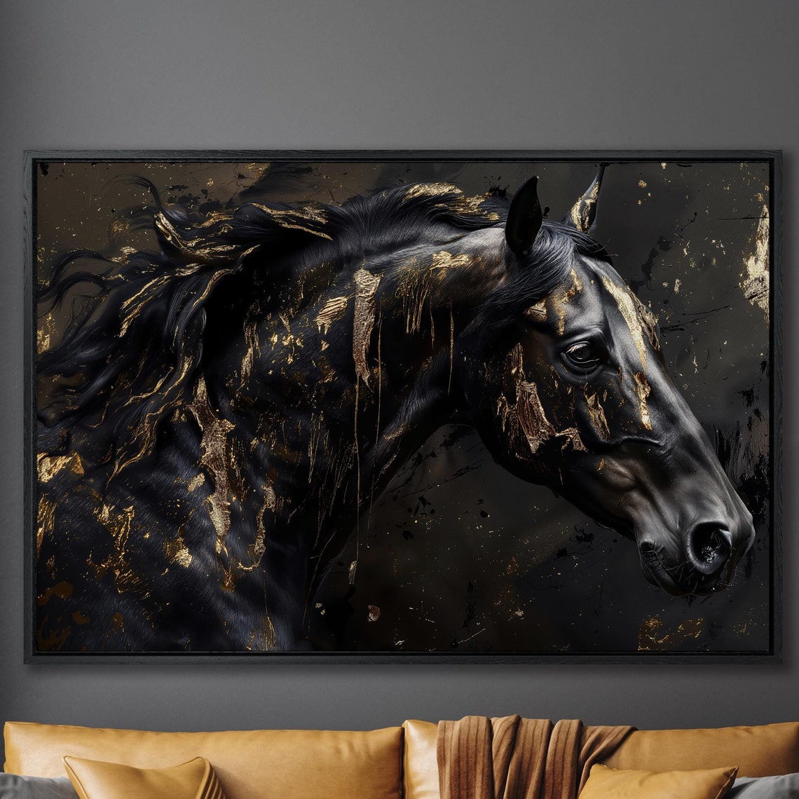 Black Horse Close Up With Gold Paint Drips Noble Equine Poster