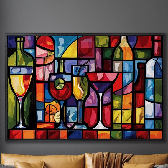 Stained Glass Cocktail Bar With Wine Bottles And Martini Print