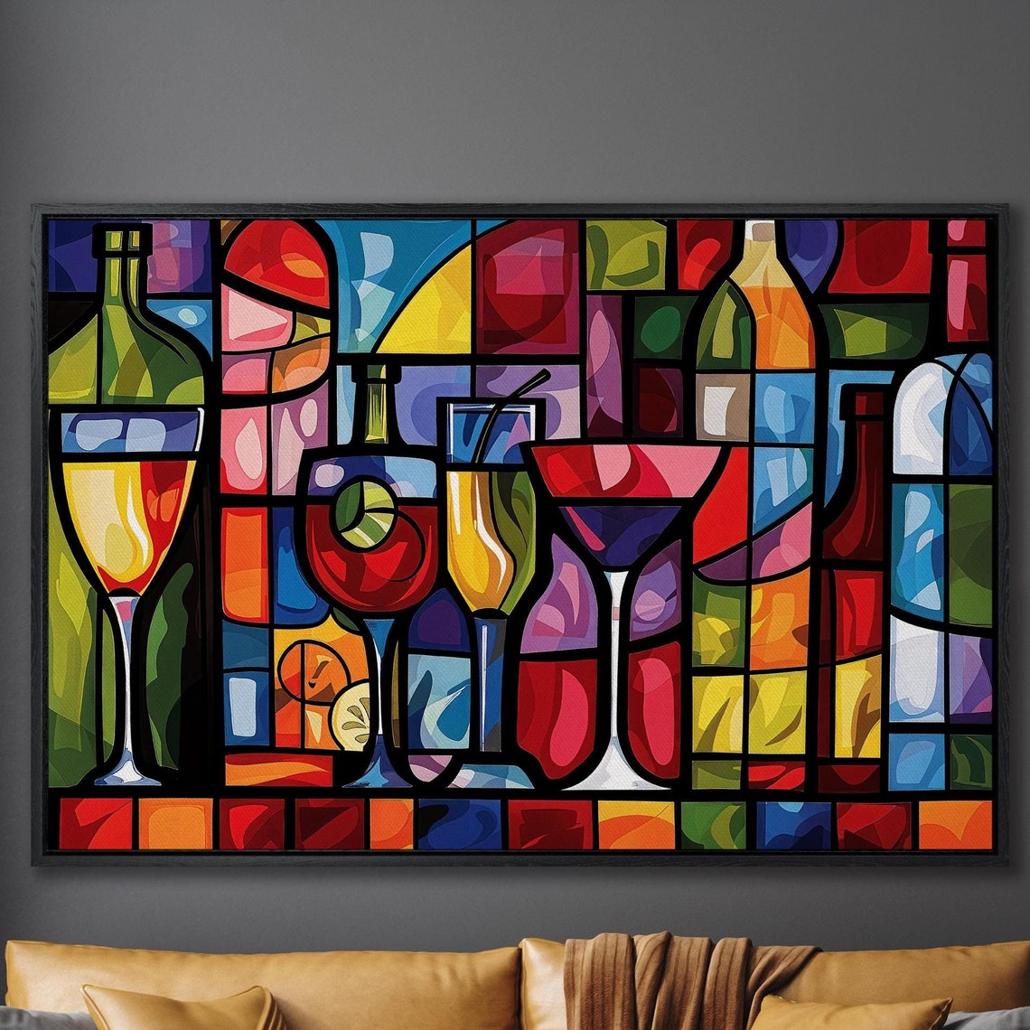 Stained Glass Cocktail Bar With Wine Bottles And Martini Print
