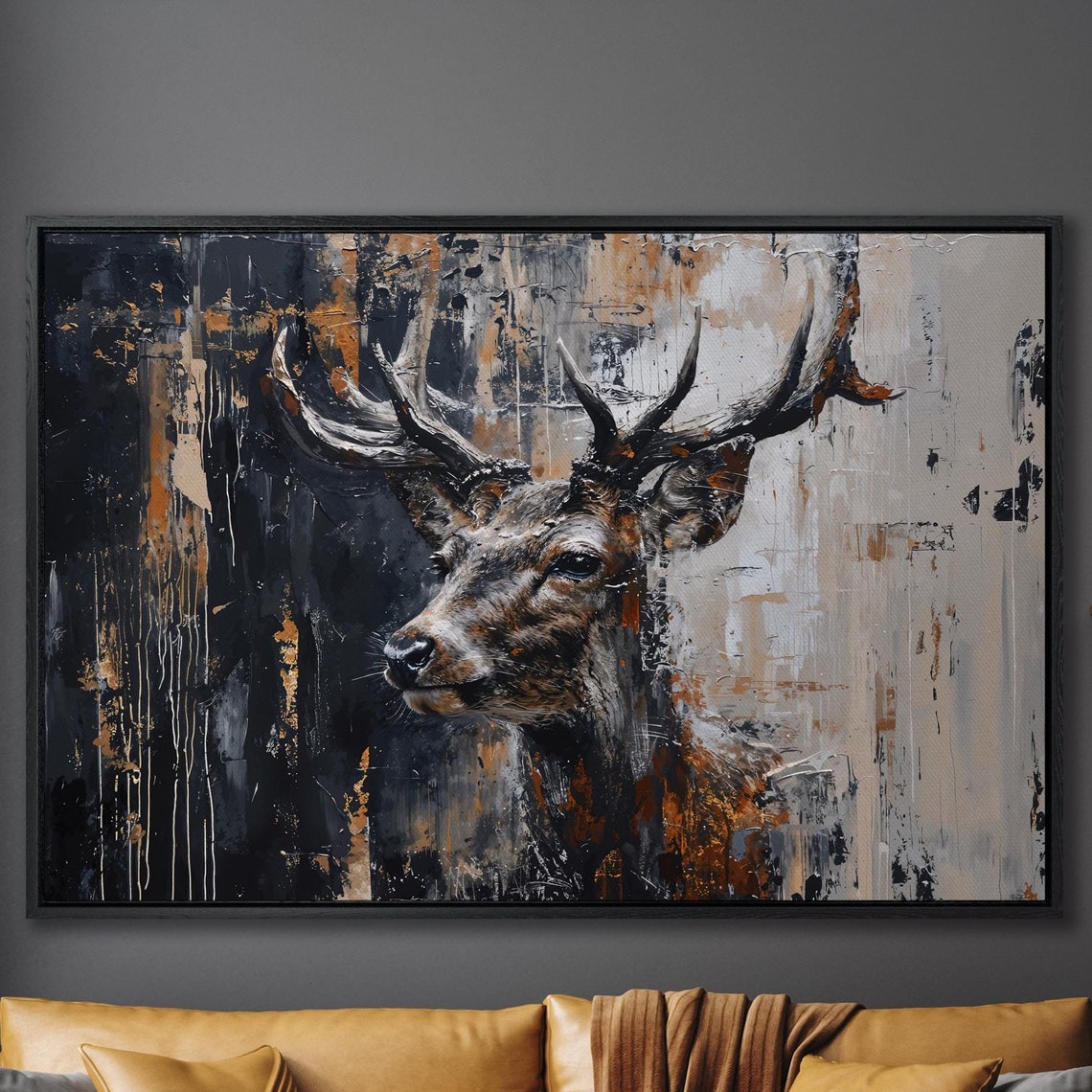 Abstract Stag Deer Head In Black Beige And Gold Splashes Poster