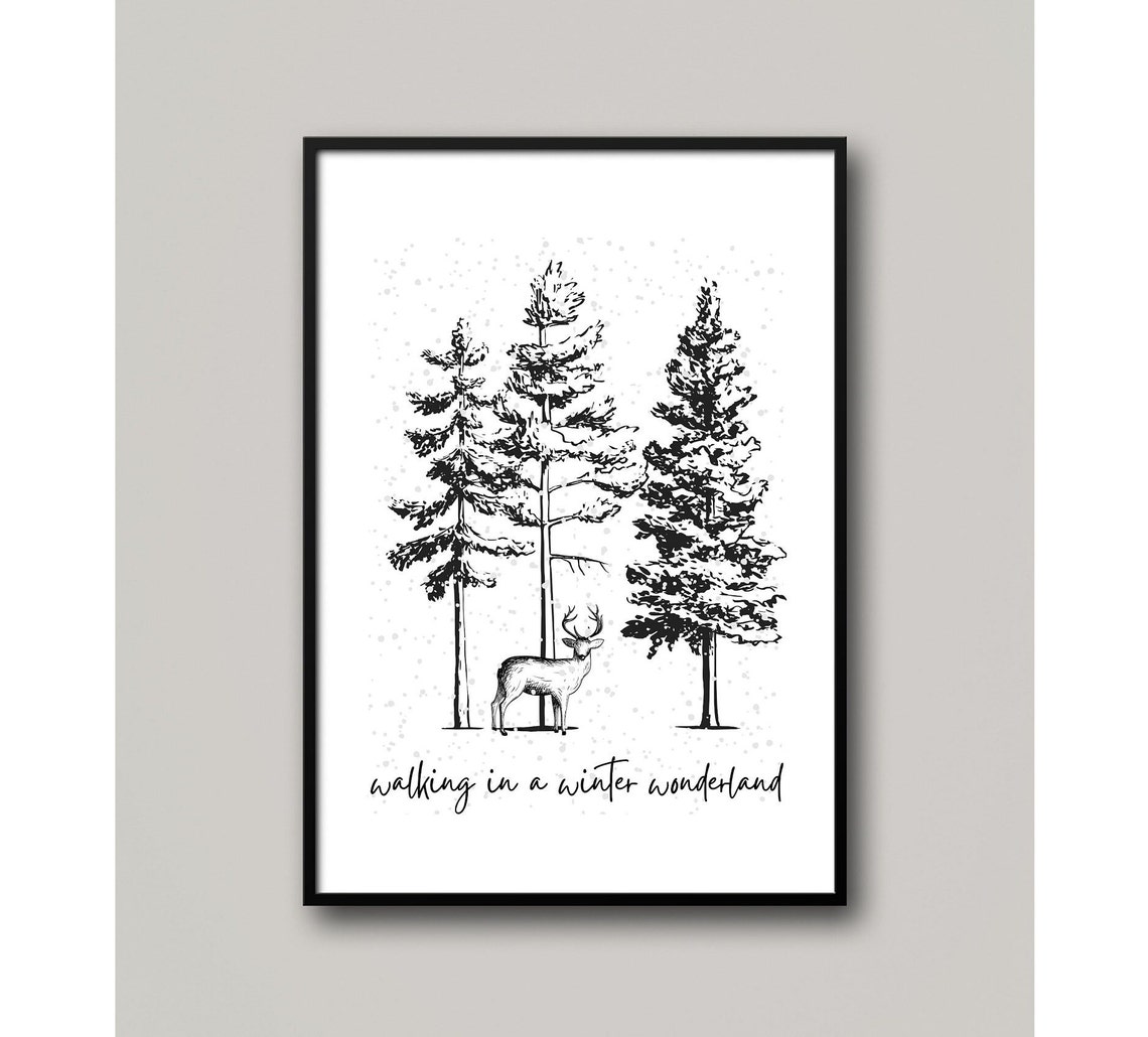 Walking in a Winter Wonderland Deer Pines Art Wall Decor Poster