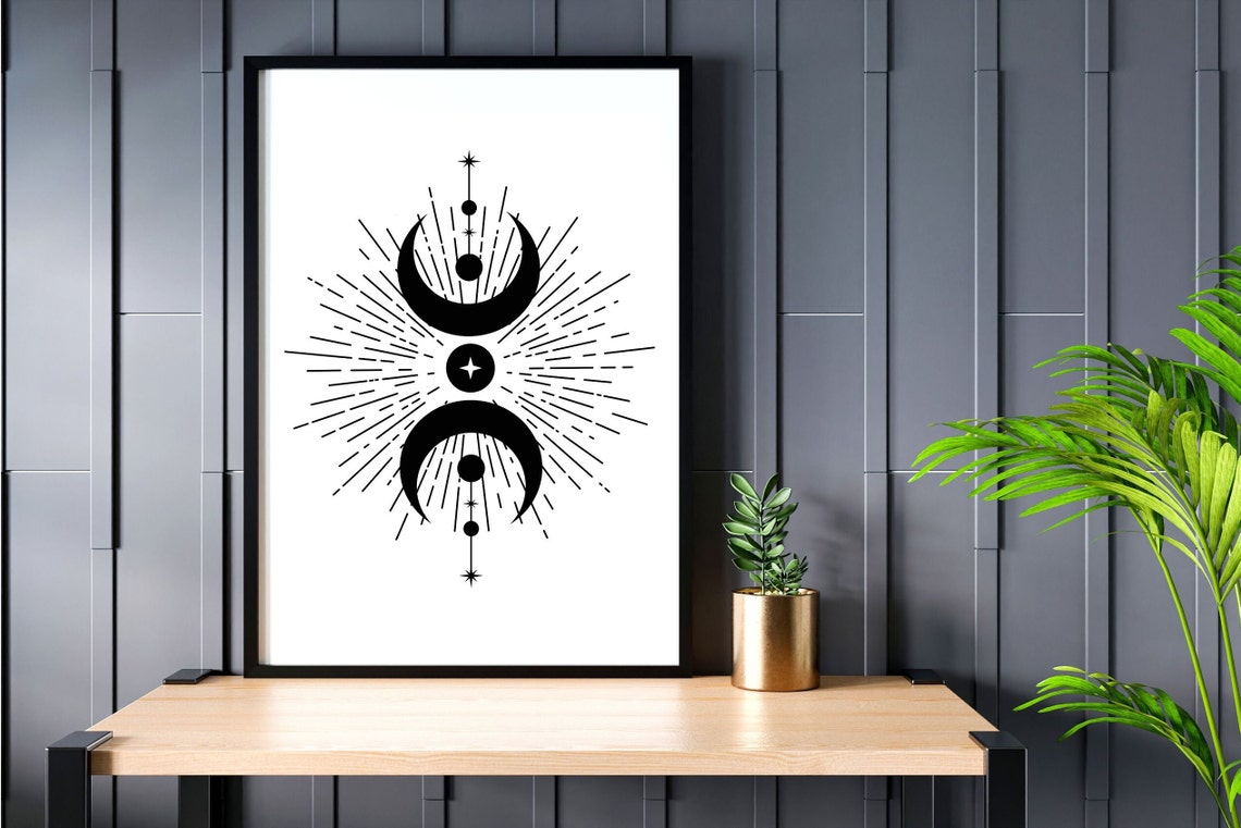 Symmetrical Celestial Crescent Moon Radiant Boho Line Art Poster - Image 4