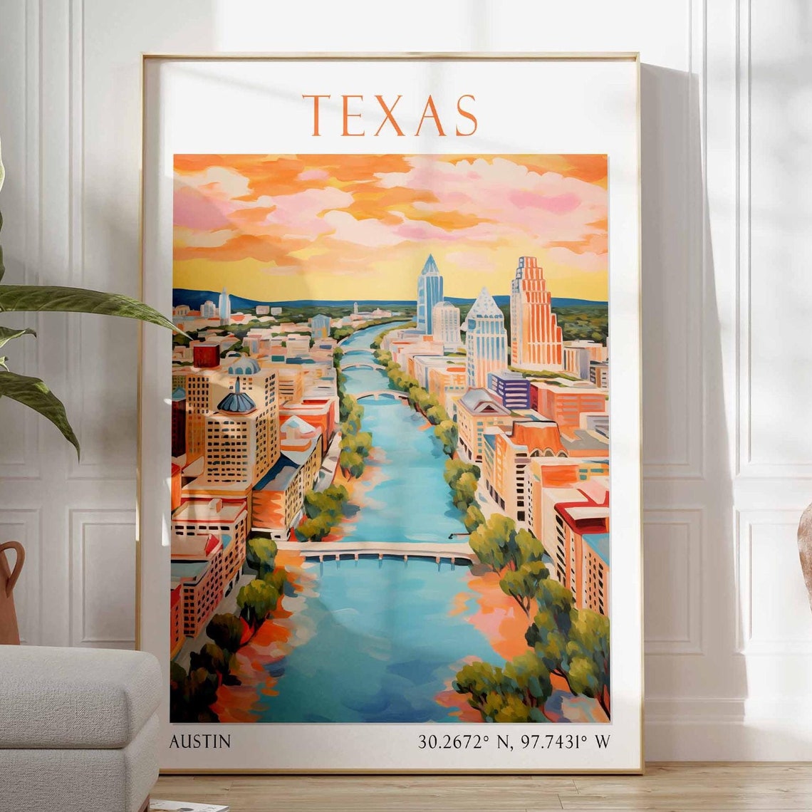 Texas Austin Golden Hour River Through Downtown Skyline View Poster