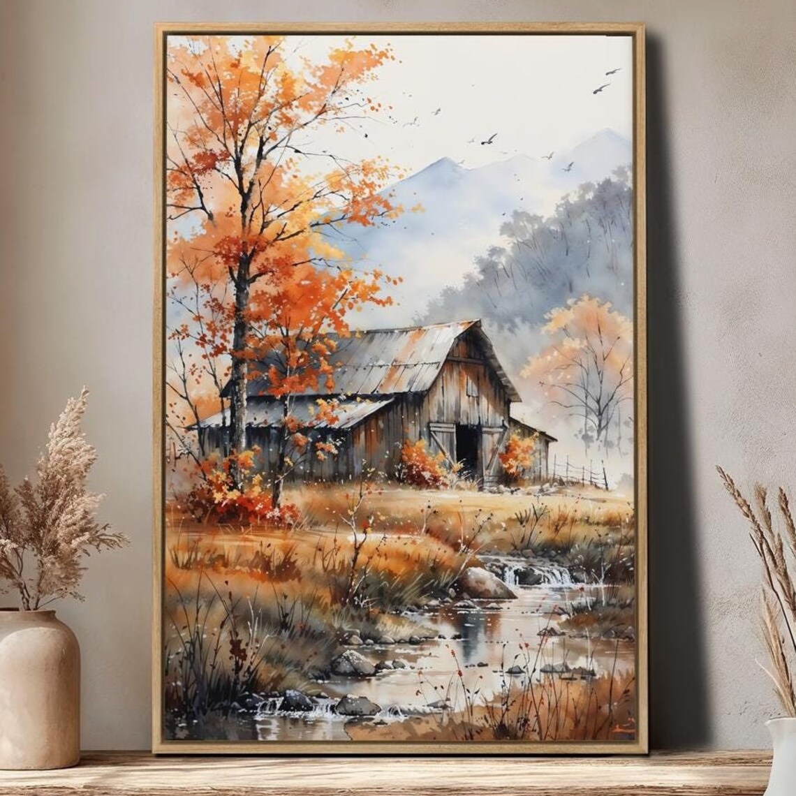 Autumn Barn by Flowing Creek Fall Foliage Watercolor Rustic Landscape Poster