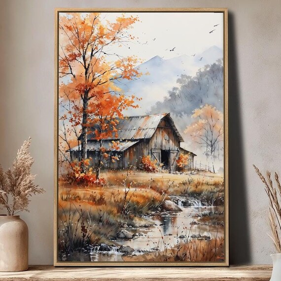 Autumn Barn by Flowing Creek Fall Foliage Watercolor Rustic Landscape Poster