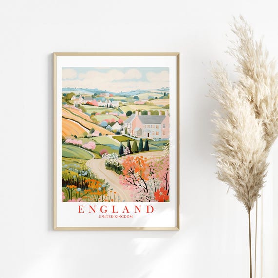 England Travel Print Countryside Rolling Hills Rural Wall Art Britain Home Decor Green Blue Neutral Illustration Poster Gift