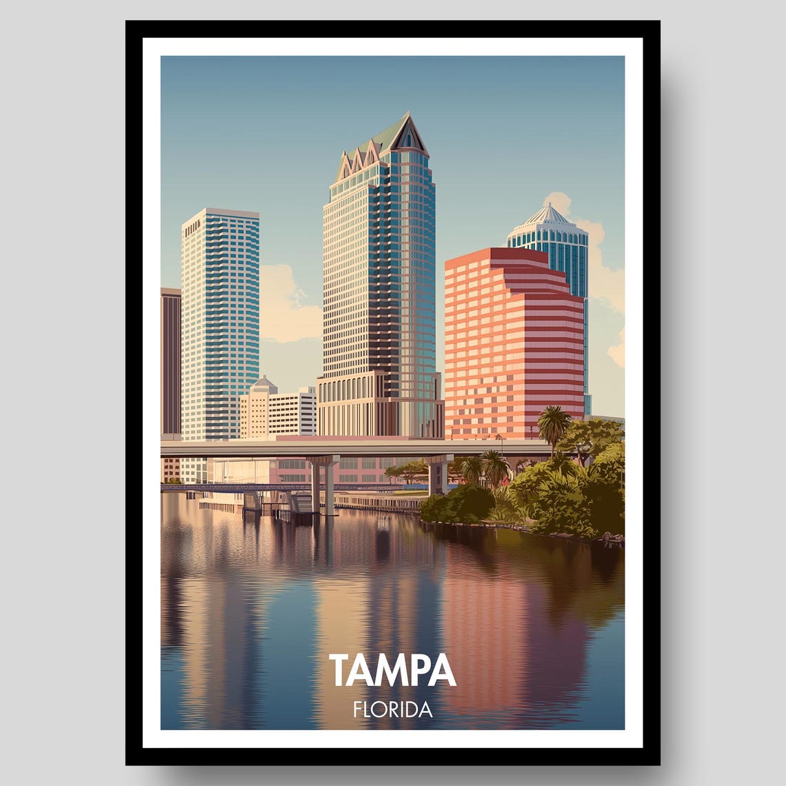 Tampa Florida Downtown Skyline Riverside Waterfront Travel Poster