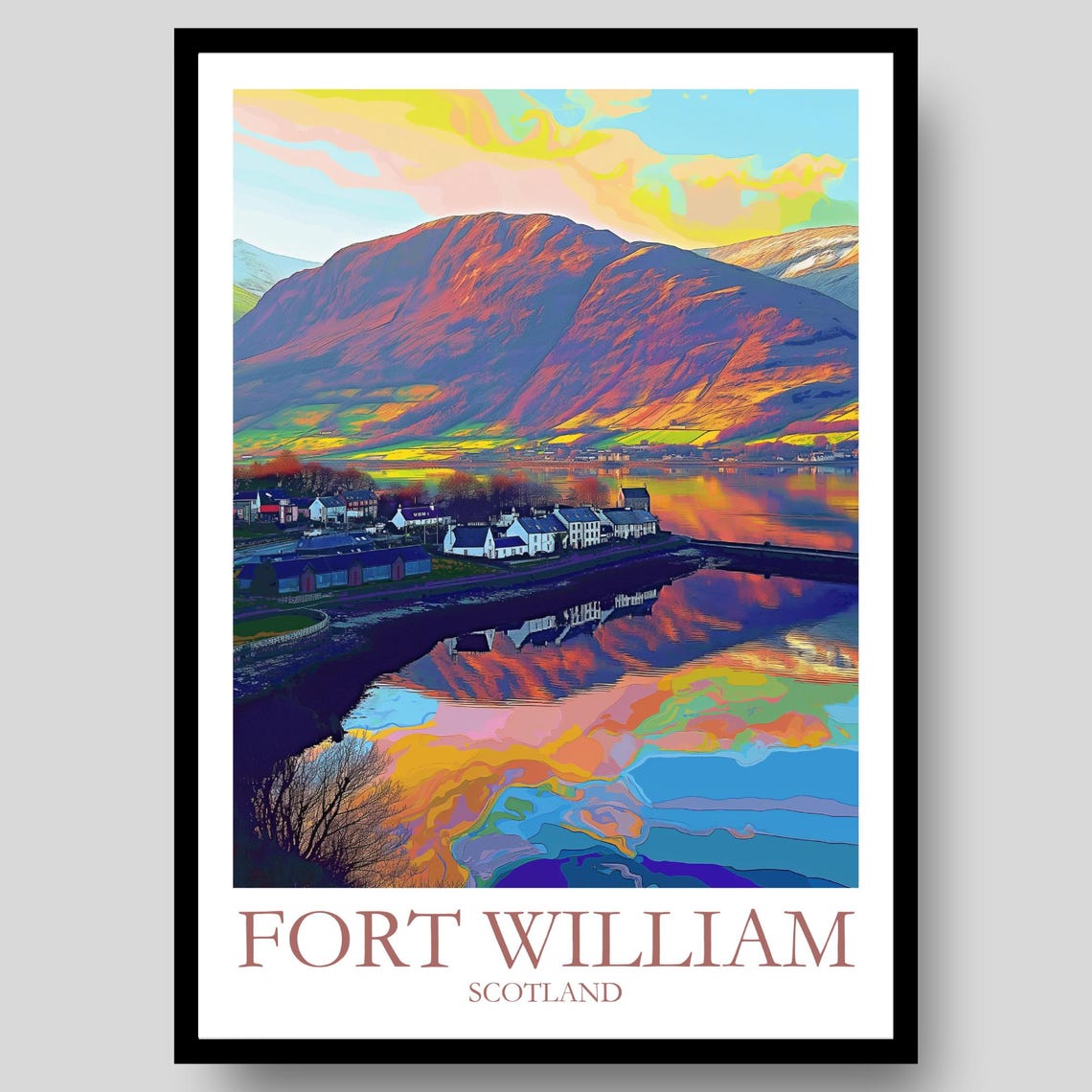 Fort William Scotland Mountain Loch Sunset Reflection Travel Poster