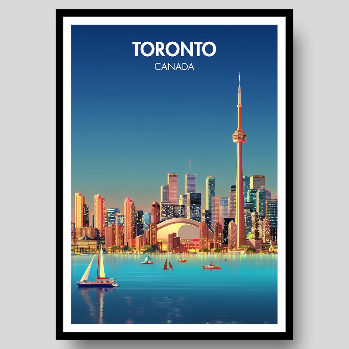 Toronto Canada Skyline CN Tower Sailboats Vintage Travel Poster